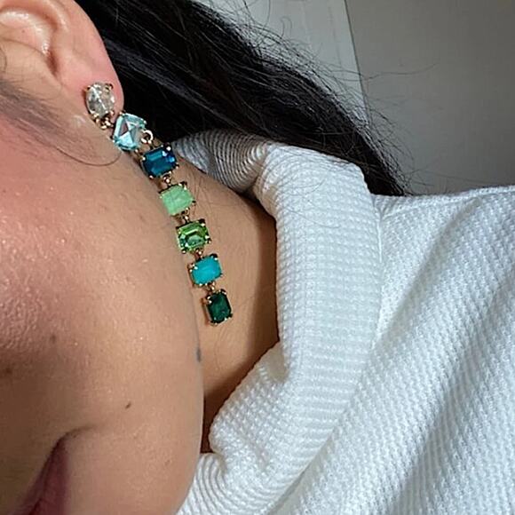 Antique Gold Emerald Cut Crystal Opal Sapphire Aquamarine Tassel Drop Earrings - Picture 4 of 12